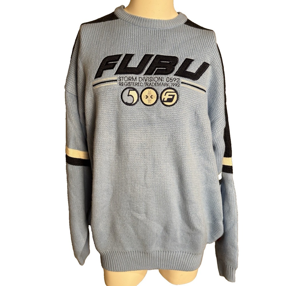 Vintage baggy y2k fubu light blue striped and embroidered mens knit sweater L